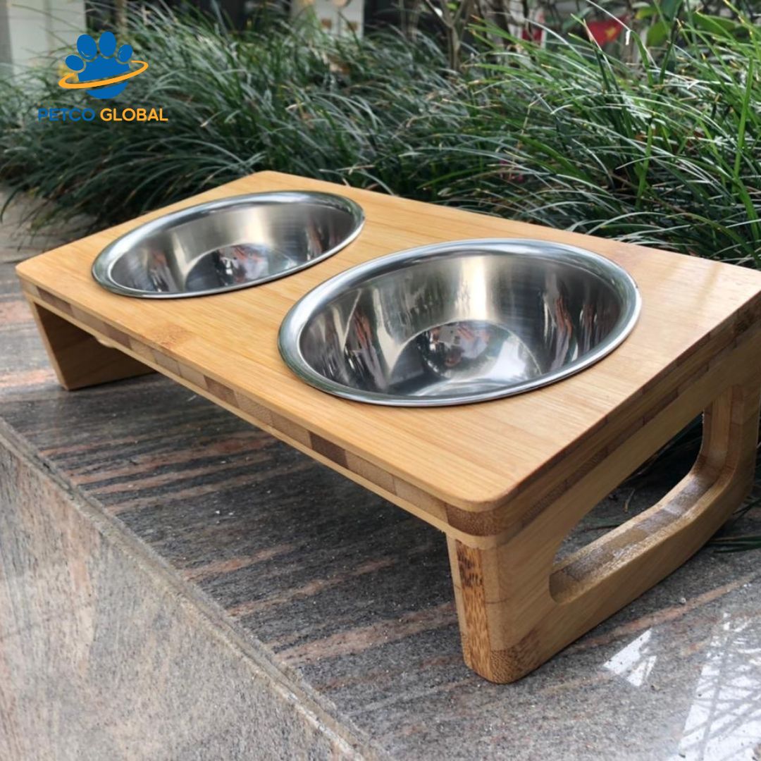 Elevated Tilted Wooden Dog & Cat Feeding Bowl – Anti-Hunch Back Design, Double Premium Stainless Steel Bowls | PETCO GLOBAL