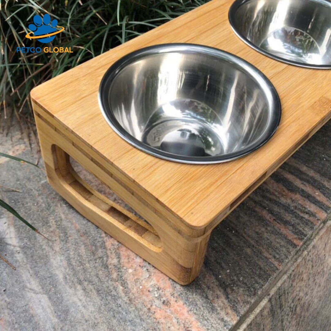 Elevated Tilted Wooden Dog & Cat Feeding Bowl – Anti-Hunch Back Design, Double Premium Stainless Steel Bowls | PETCO GLOBAL