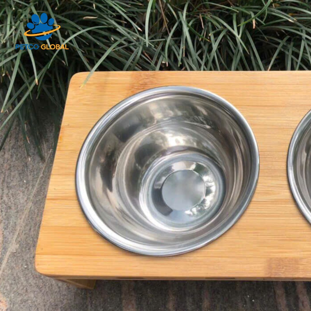 Elevated Tilted Wooden Dog & Cat Feeding Bowl – Anti-Hunch Back Design, Double Premium Stainless Steel Bowls | PETCO GLOBAL