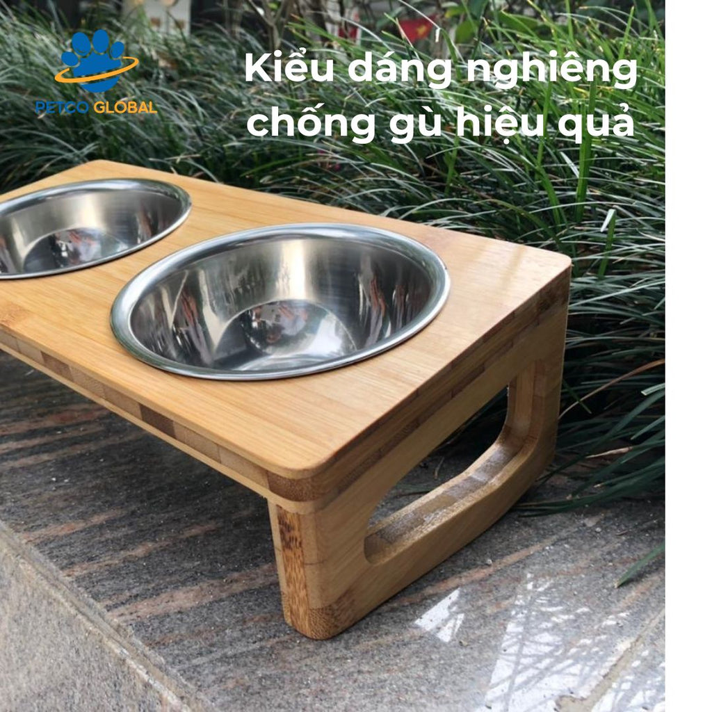 Elevated Tilted Wooden Dog & Cat Feeding Bowl – Anti-Hunch Back Design, Double Premium Stainless Steel Bowls | PETCO GLOBAL