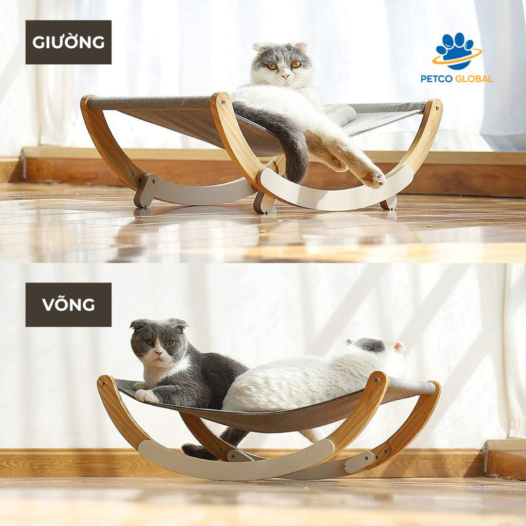 Wall-Mounted Cat Bed Hammock, Premium Natural Wood Pet Hanging Bed with Removable Canvas Fabric for Cats and Small Dogs