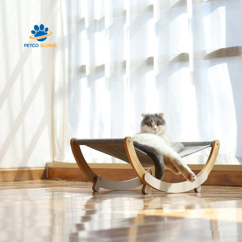 Wall-Mounted Cat Bed Hammock, Premium Natural Wood Pet Hanging Bed with Removable Canvas Fabric for Cats and Small Dogs