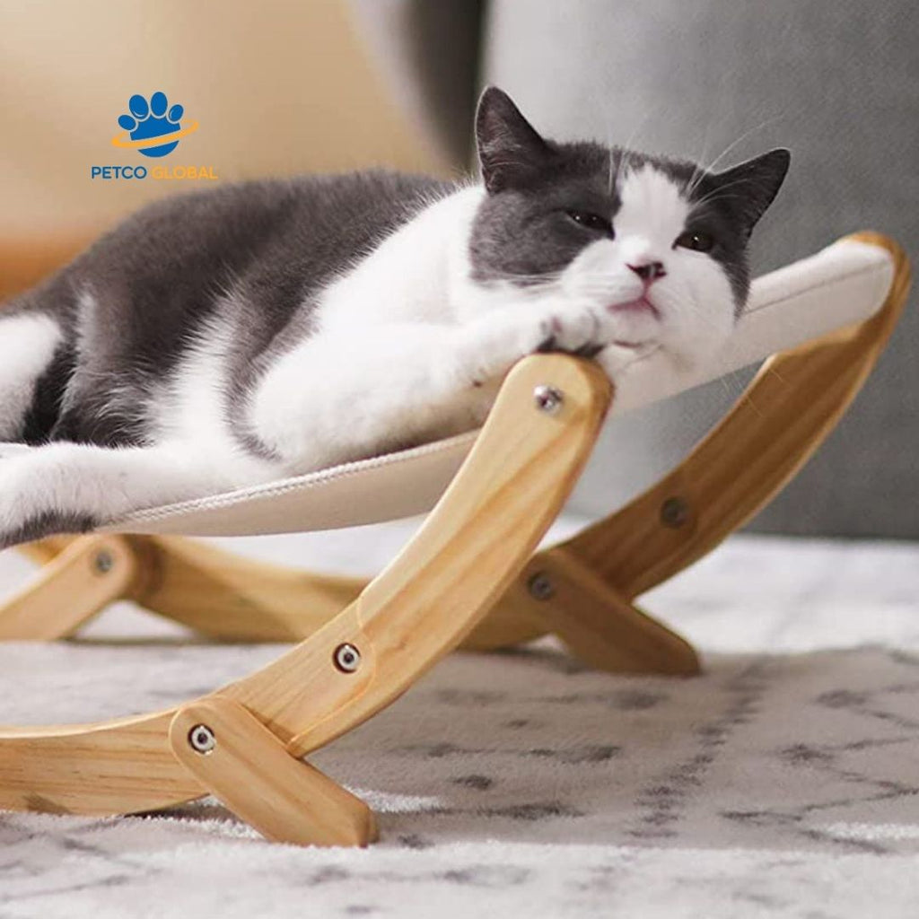 Wall-Mounted Cat Bed Hammock, Premium Natural Wood Pet Hanging Bed with Removable Canvas Fabric for Cats and Small Dogs