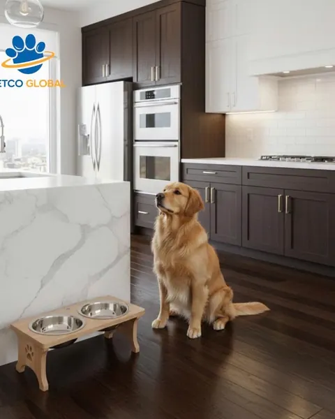 Chó Golden Retriever ngồi cạnh bát ăn nâng cao Petco Global trong bếp đá marble