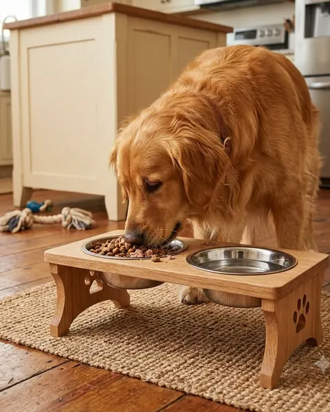 Chó Golden Retriever ăn bằng bát ăn nâng cao gỗ tự nhiên Petco Global trong bếp